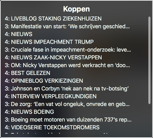 Screenshot koppenlijst VoiceOver, homepage Volkskrant, allemaal verkeerd gebruikte h4's en h3's
